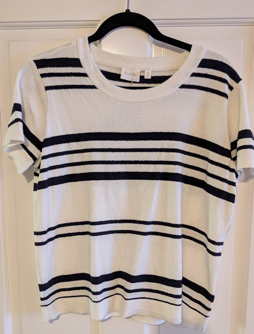 Cyrus Navy & White Striped Short Sleeve Knit Top